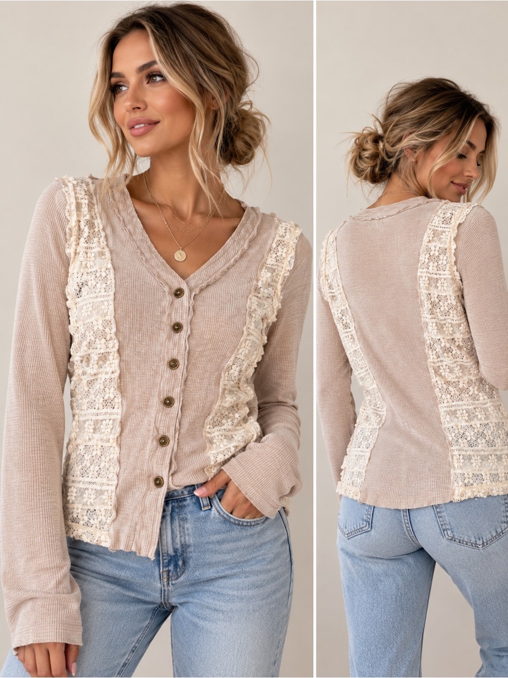 POL Boho Floral Crochet Lace Ribbed Button-Front Top | Small